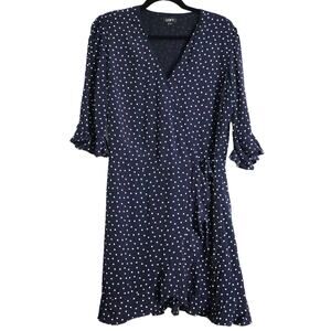 Vintage Y2K Loft Navy Blue Wrap Dress Polka Dots V Neck Size 6 Short Knee Mini